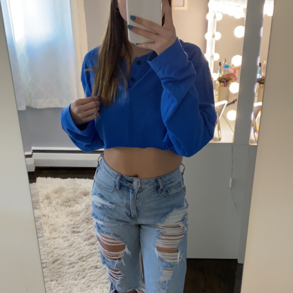 Blue Half Button Long Sleeve Crop Top